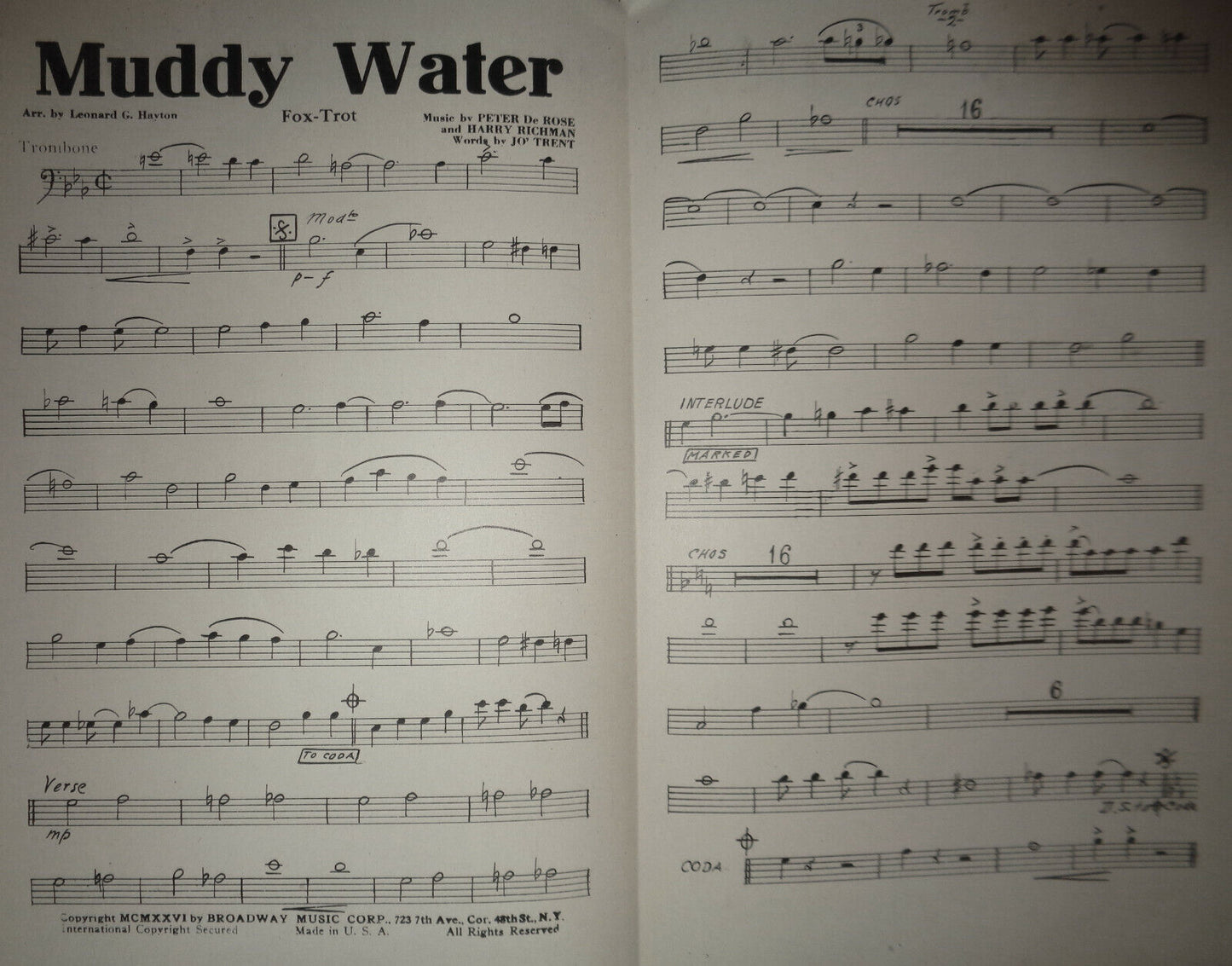 MUDDY WATER - A MISSISSIPPI MOAN, BY PETER DE ROSE, 1926, FOR ORCHESTRA