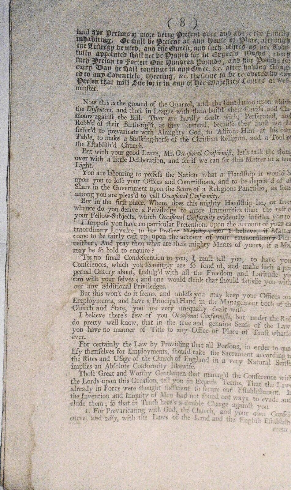 1703 Clamours of dissenters against the bill to prevent occasional conformity