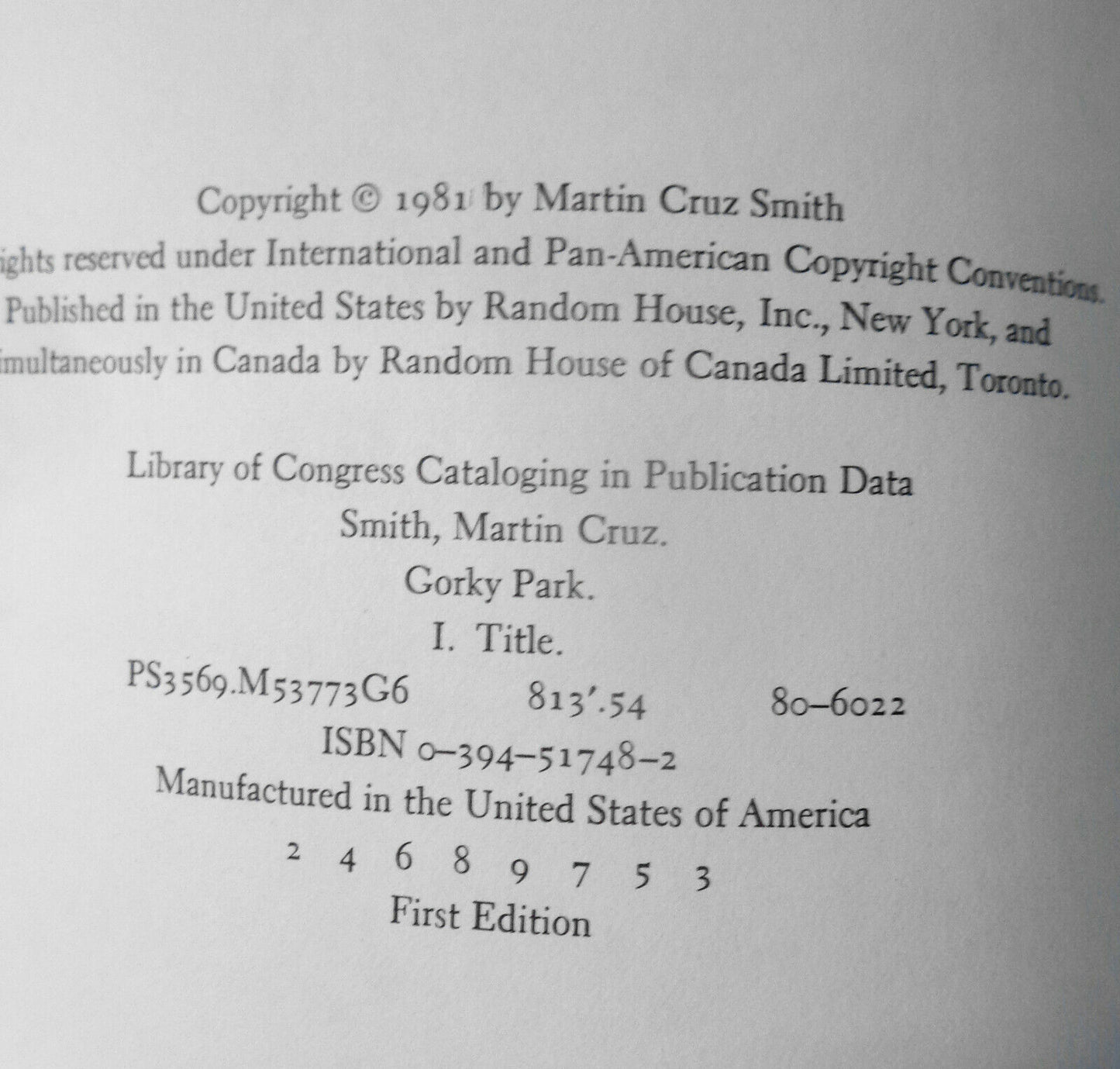 Gorky Park, by Martin Cruz Smith. Special Readers Edition. Advance 1st ed 1981