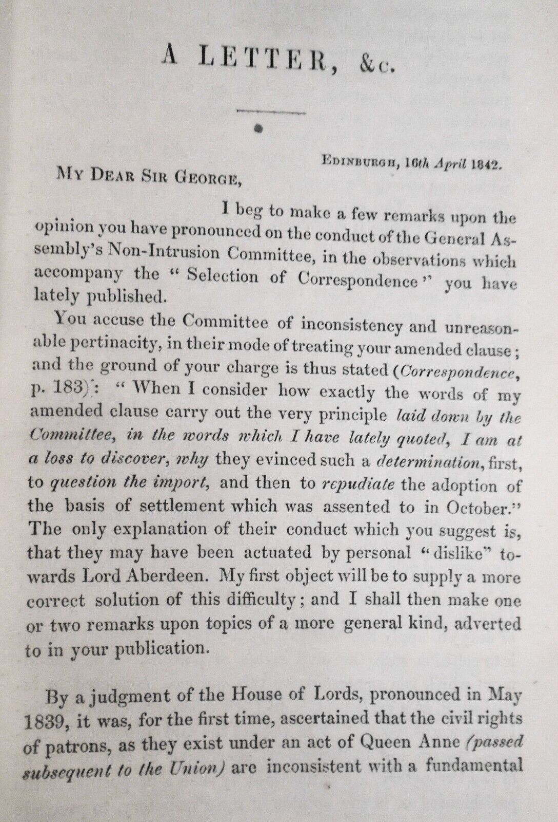 1842 Letter to Sir George Sinclair... in reference to the Scotch Church question