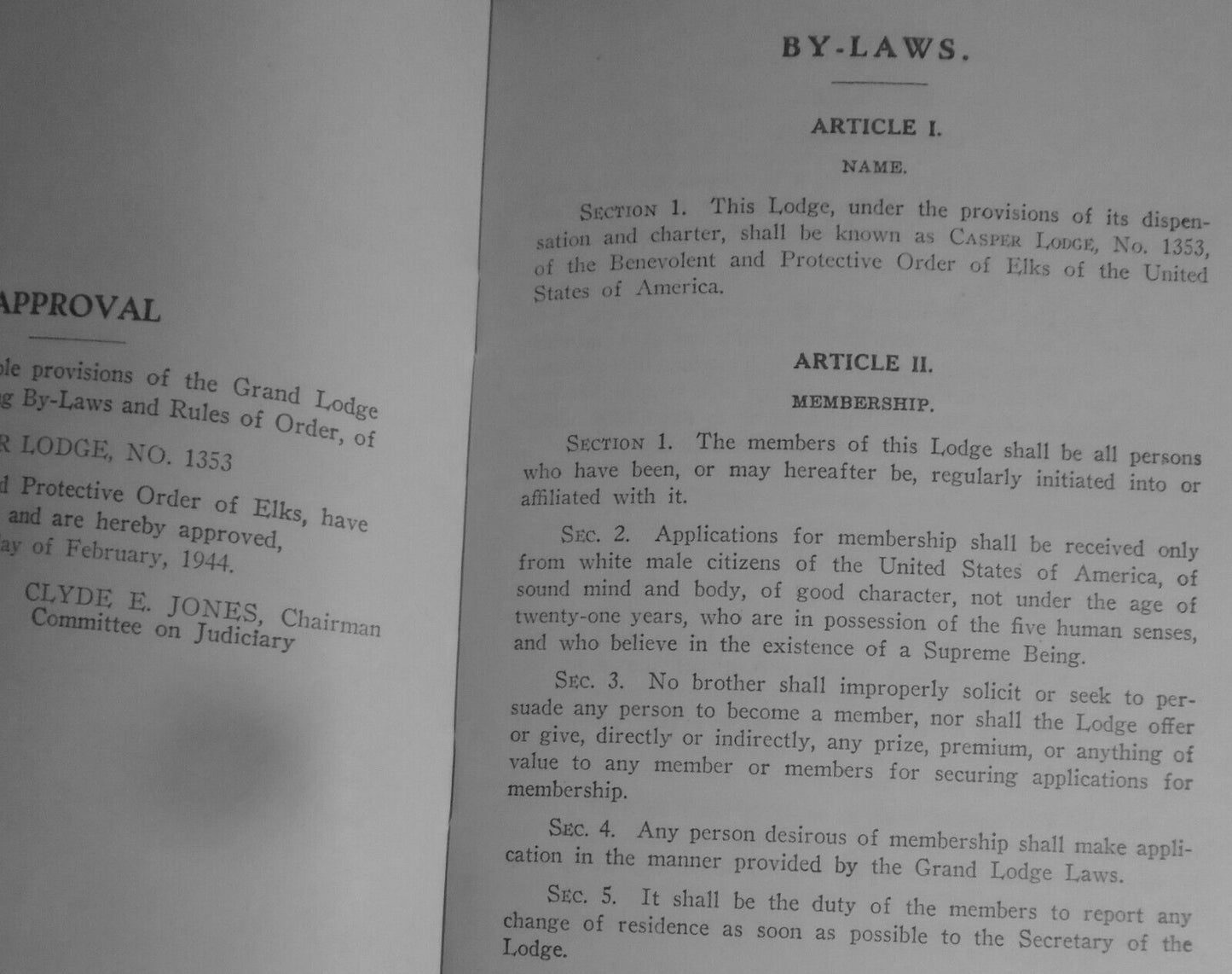 1944 By-laws of Casper Lodge Wyoming, No. 1353. Order of the Elks