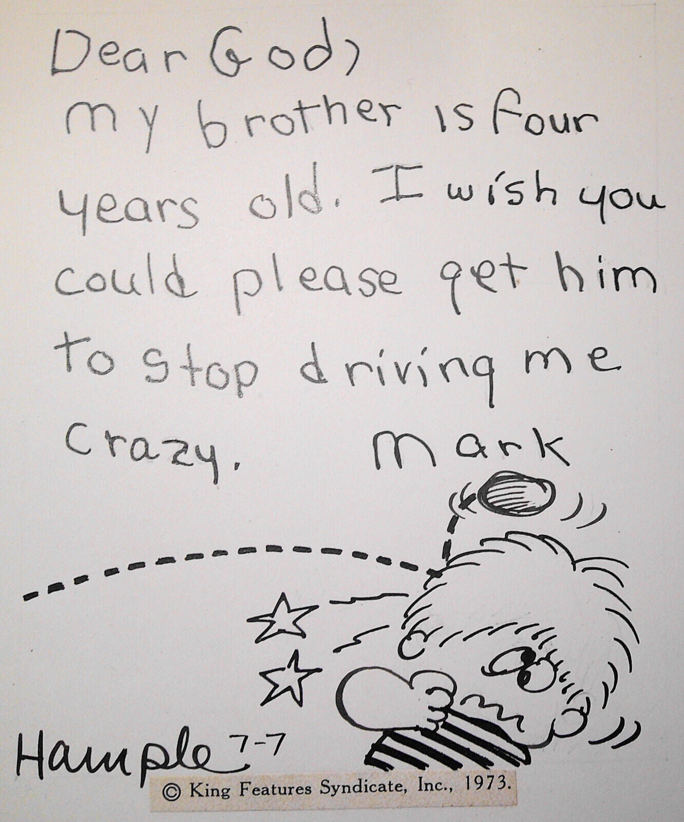 Stoo Hample original signed artwork for "Children's Letters To God" - 1973