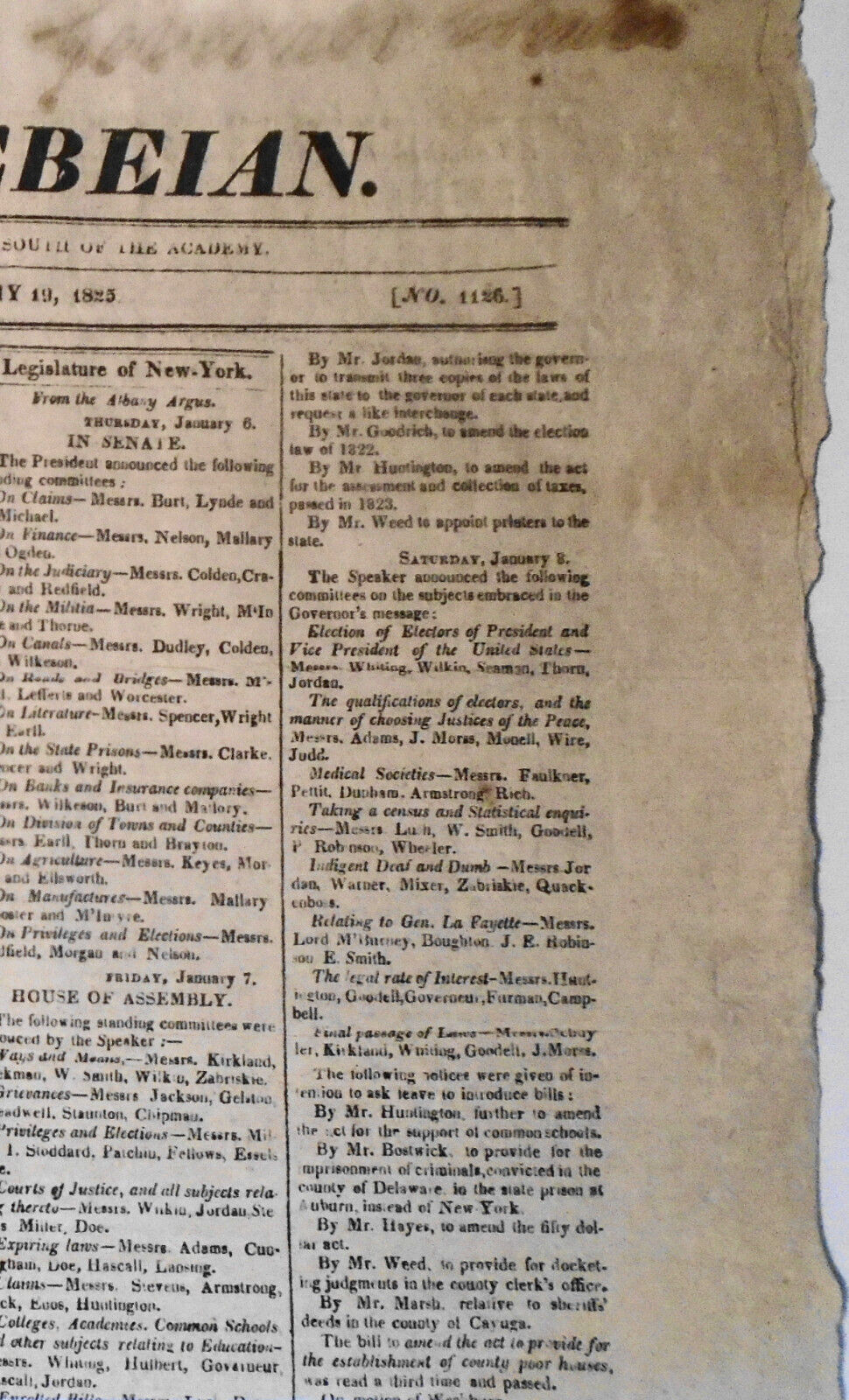 The Ulster Plebeian, January 19, 1825 - New York Governor DeWitt Clinton's copy