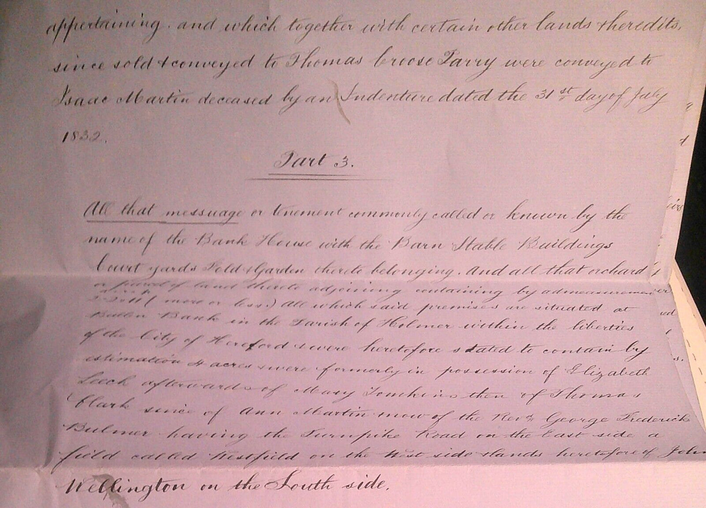 1880 Conveyance of Hereditaments Hereford, England. Miss A E Martin to Colbatch