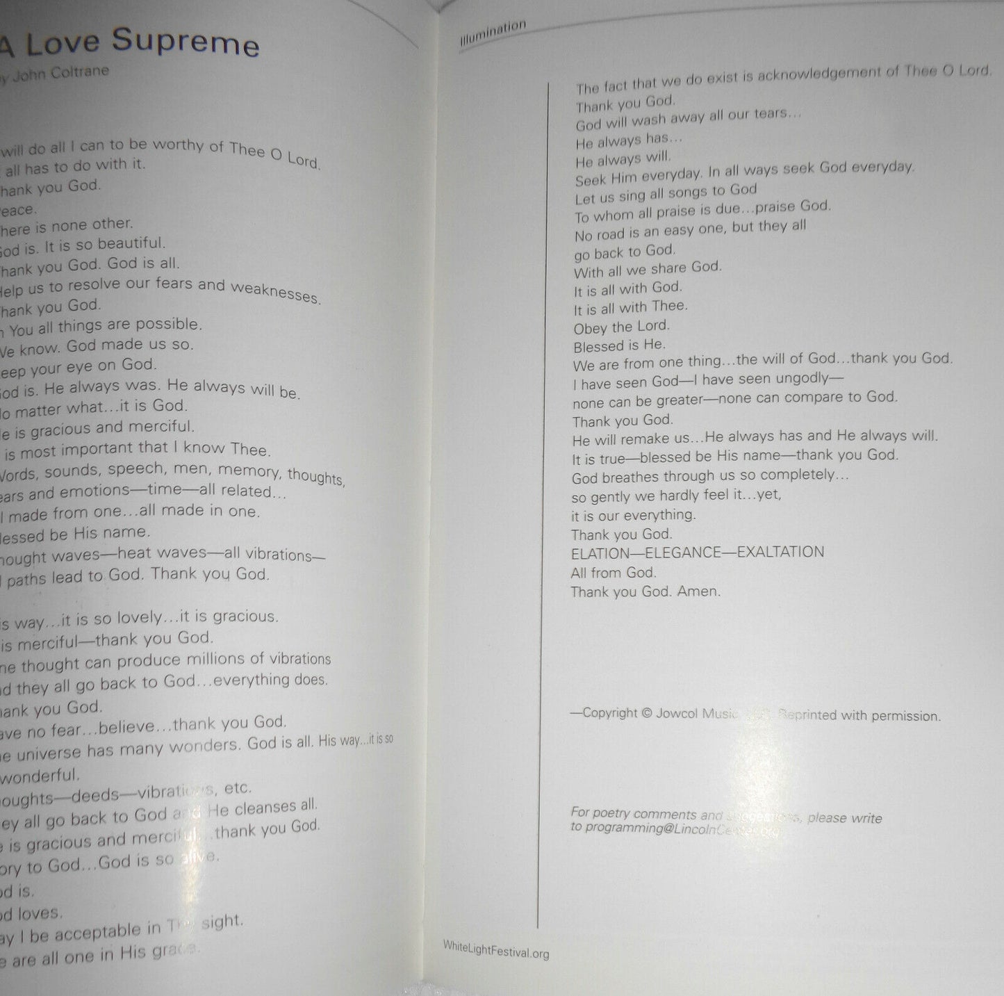 John Coltrane A Love Supreme, White Light Festival Playbill 2015 - Marsalis arr.