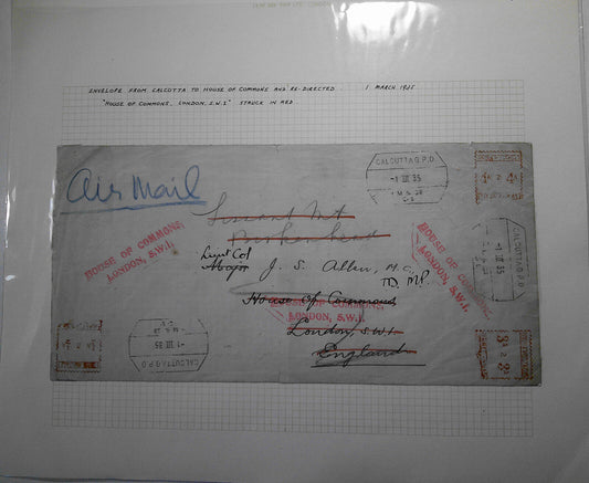 1935 Envelope from Calcutta to House of Commons, and re-directed.