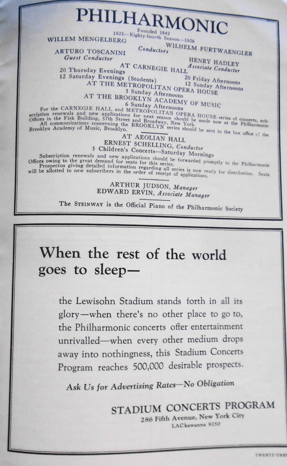 Stadium Concerts - New York Philharmonic, 1925 Program. Nikolai Sokoloff