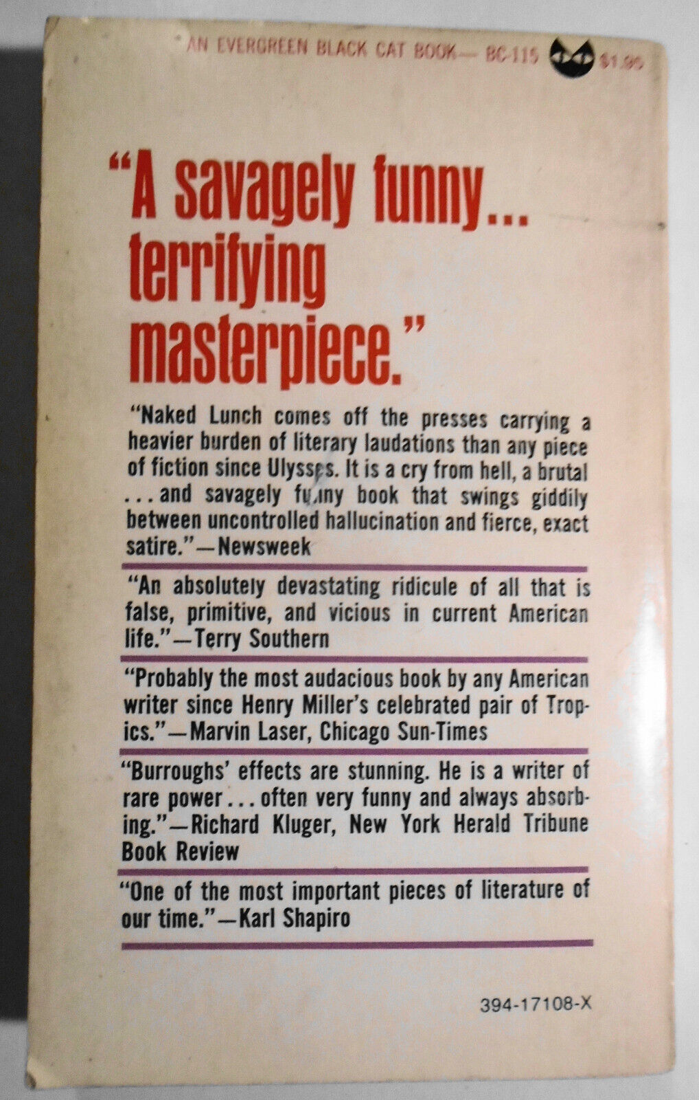 1966 Naked Lunch, by William S. Burroughs.  1st Evergreen Black Cat Edition. PB.