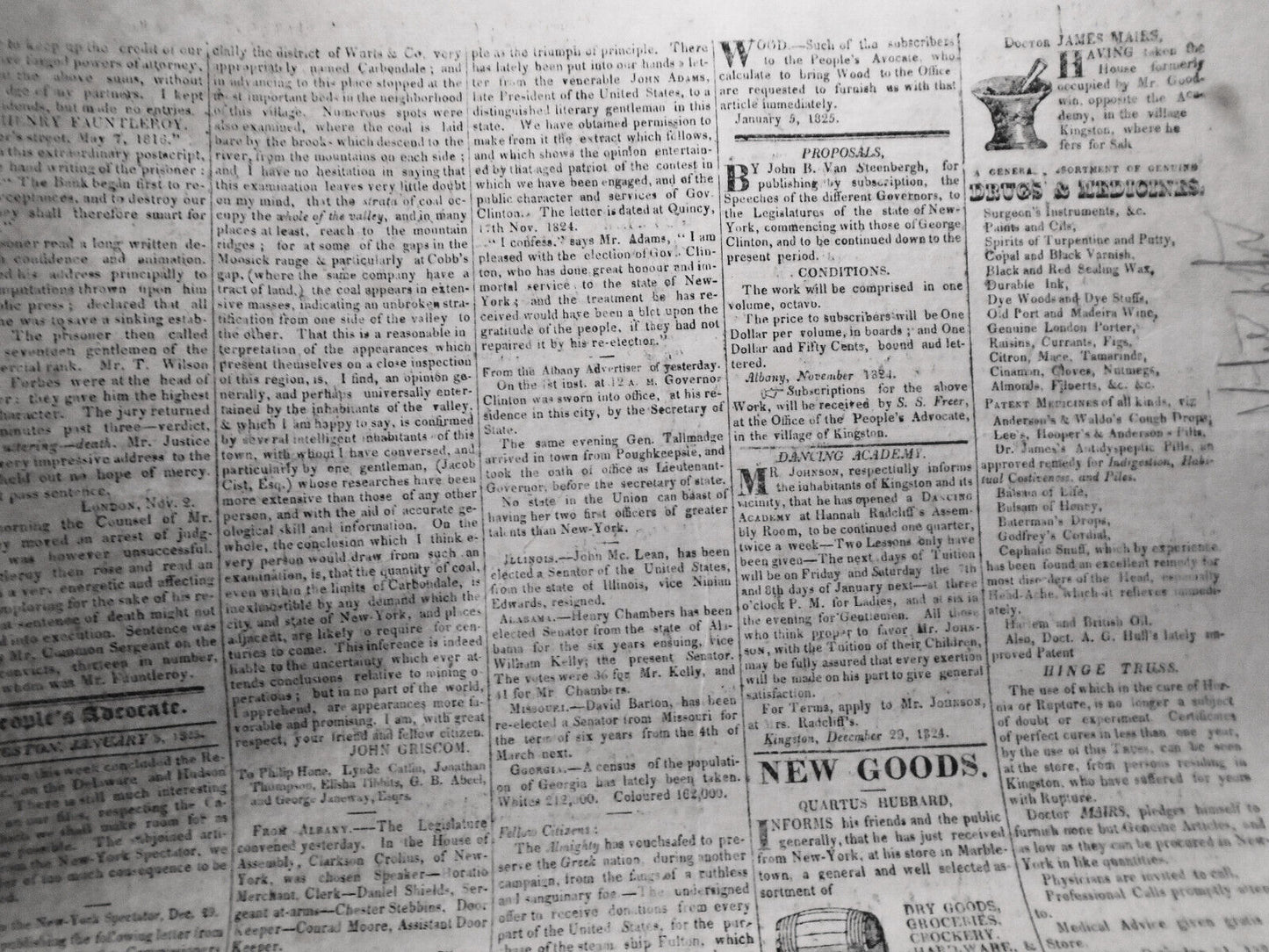 People's Advocate, January 5, 1825 - Kingston (N.Y.) - Gov DeWitt Clinton's copy