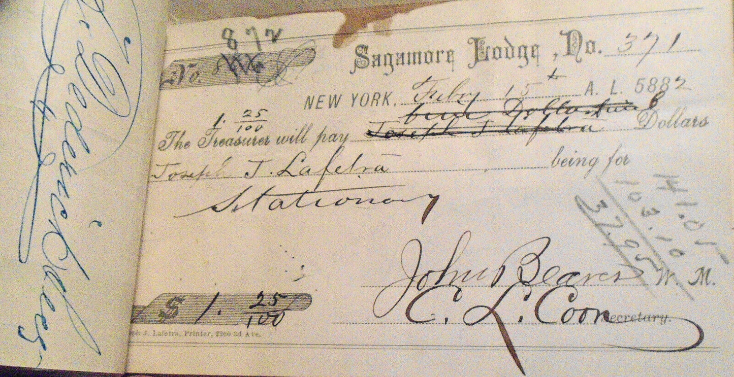 1882 Twenty-four original handwritten receipts - Masonic Sagamore Lodge New York
