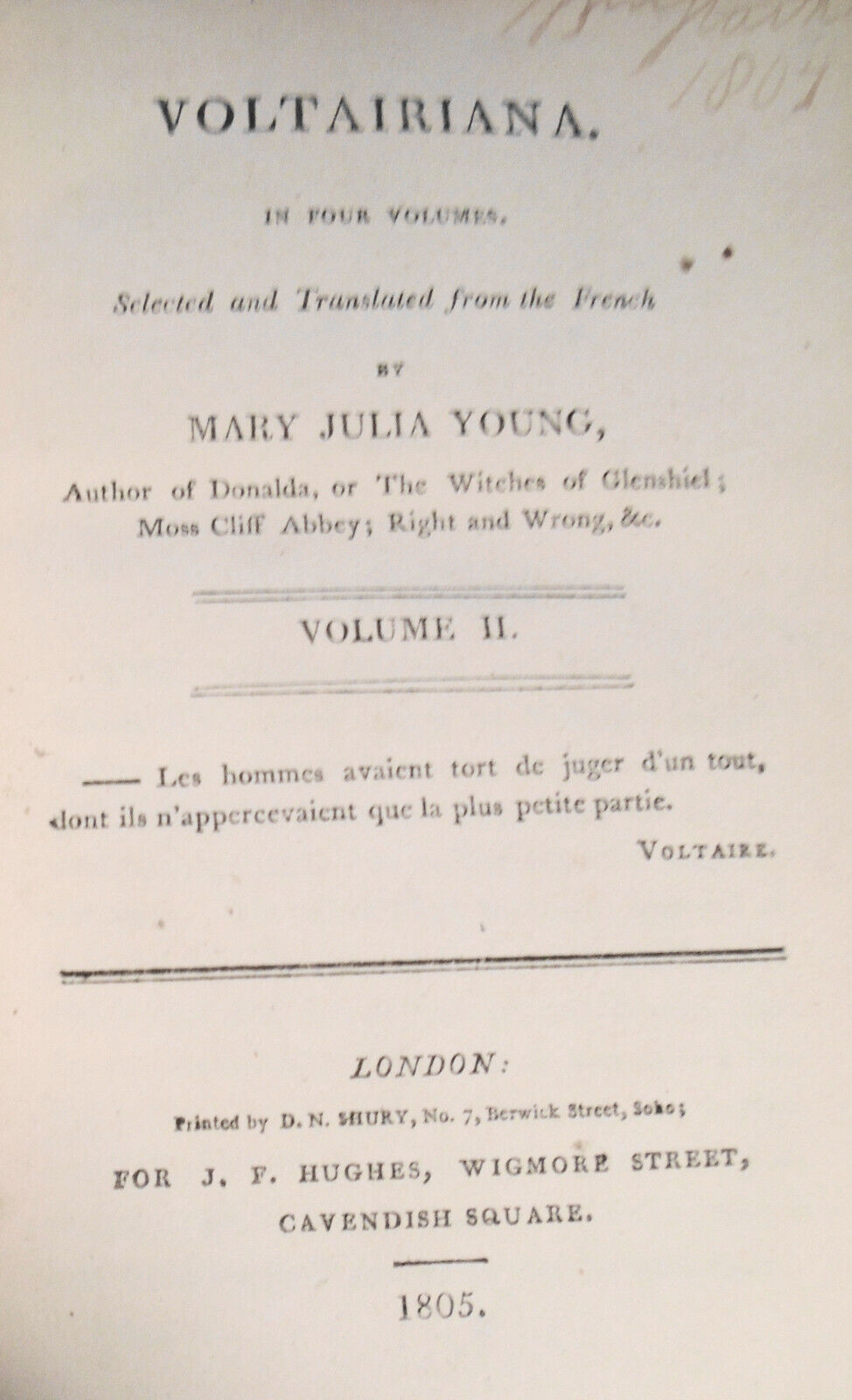 [Voltaire] Voltairiana, by Mary Julia Young - 4 Volumes, 1805 first edition