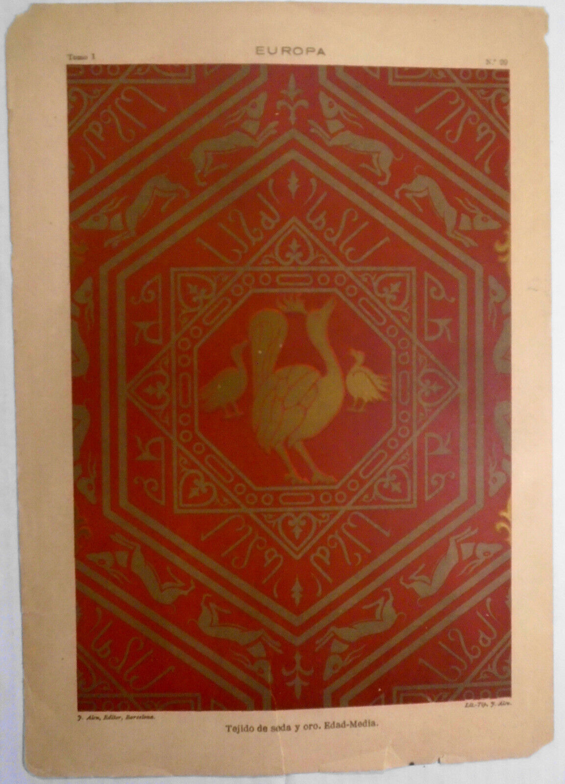 Europa: Tejido de seda y oro, Edad-Media  -  litho ca 1890, J. Aleu, Barcelona