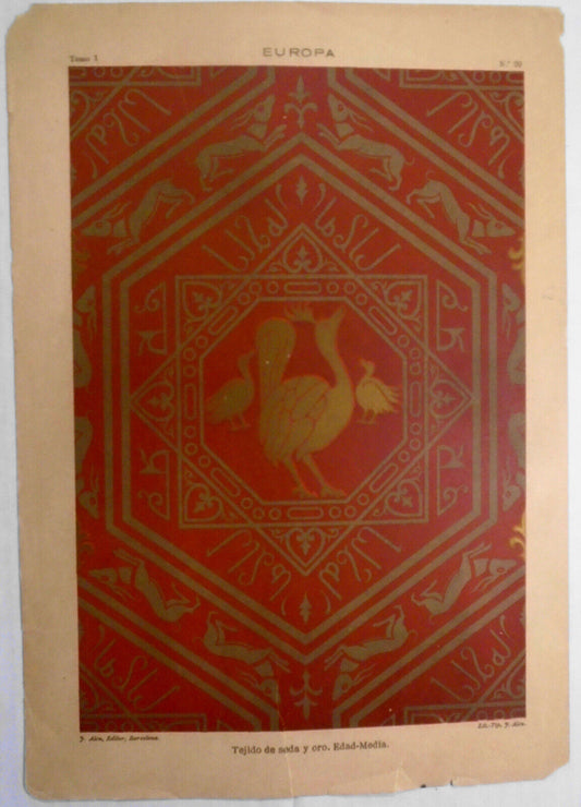 Europa: Tejido de seda y oro, Edad-Media  -  litho ca 1890, J. Aleu, Barcelona