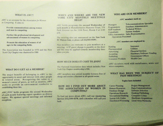 Association for Women in Computing - promo flyer, 1989. New York City Chapter.