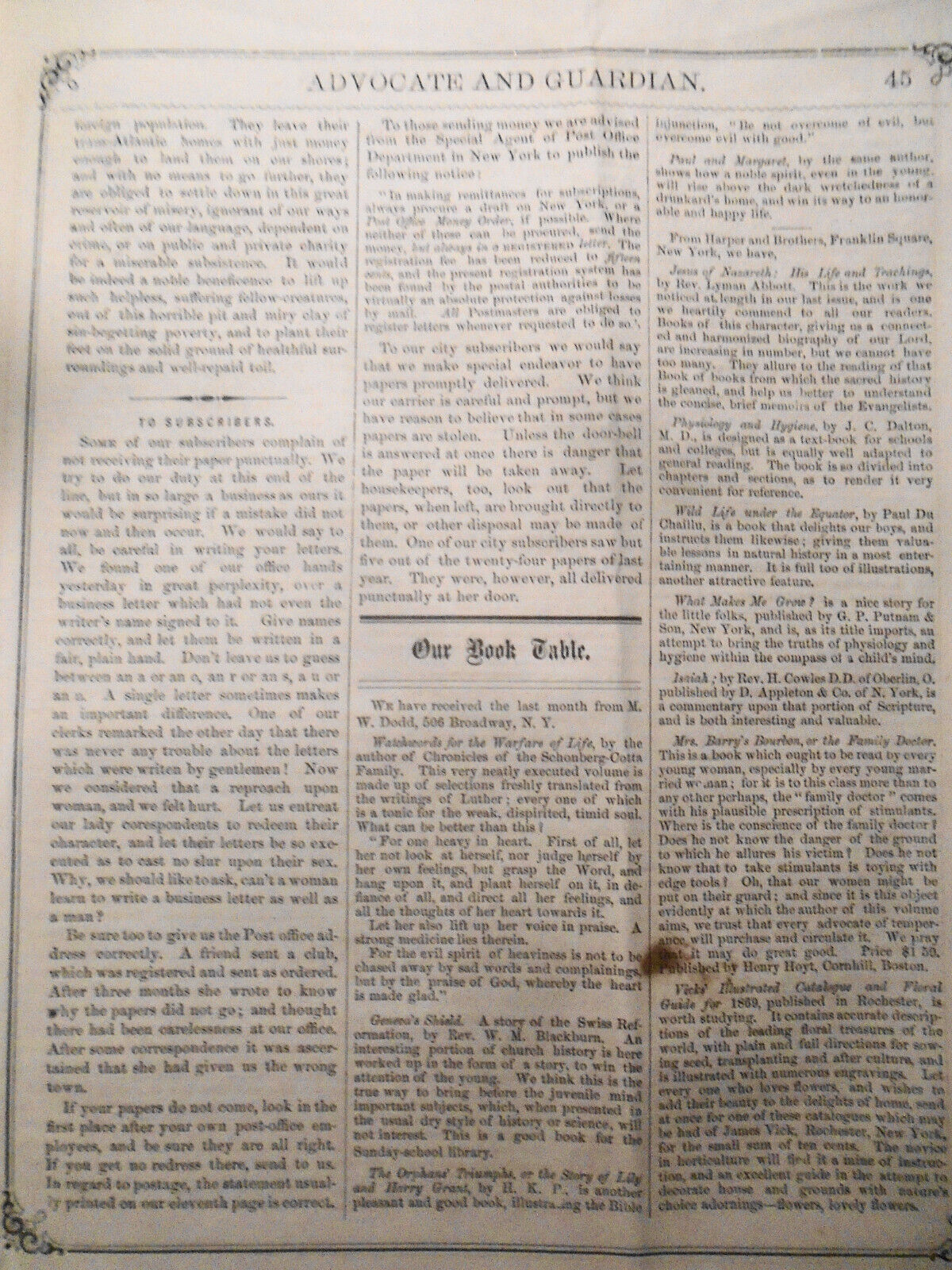 1869 Lot of 3 issues of  Advocate and Family Guardian