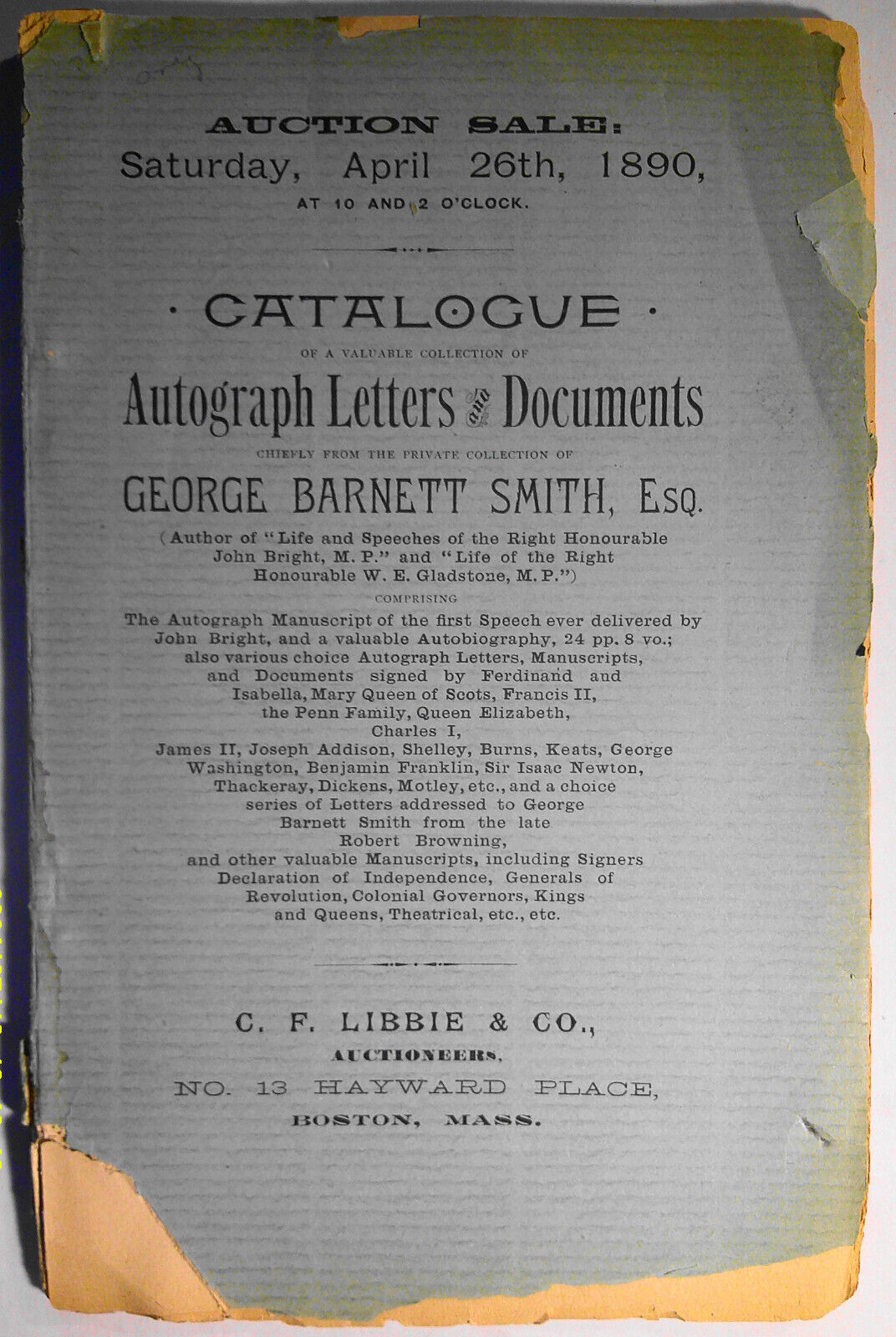 1890 Autograph letters & documents -George Barnett Smith. Libbie auction catalog