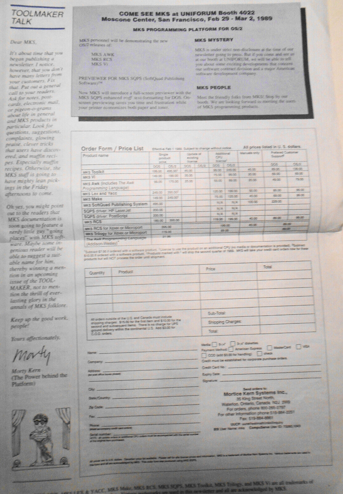 The MKS Toolmaker, Vol. 1, No. 1, Spring 1989 - UNIX to DOS & OS/2, MKS Toolkit