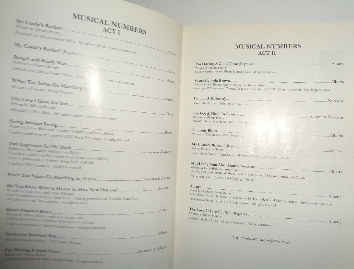 COOKIN' AT THE COOKERY, The Music and Times Of Alberta Hunter - PROGRAM - 2003