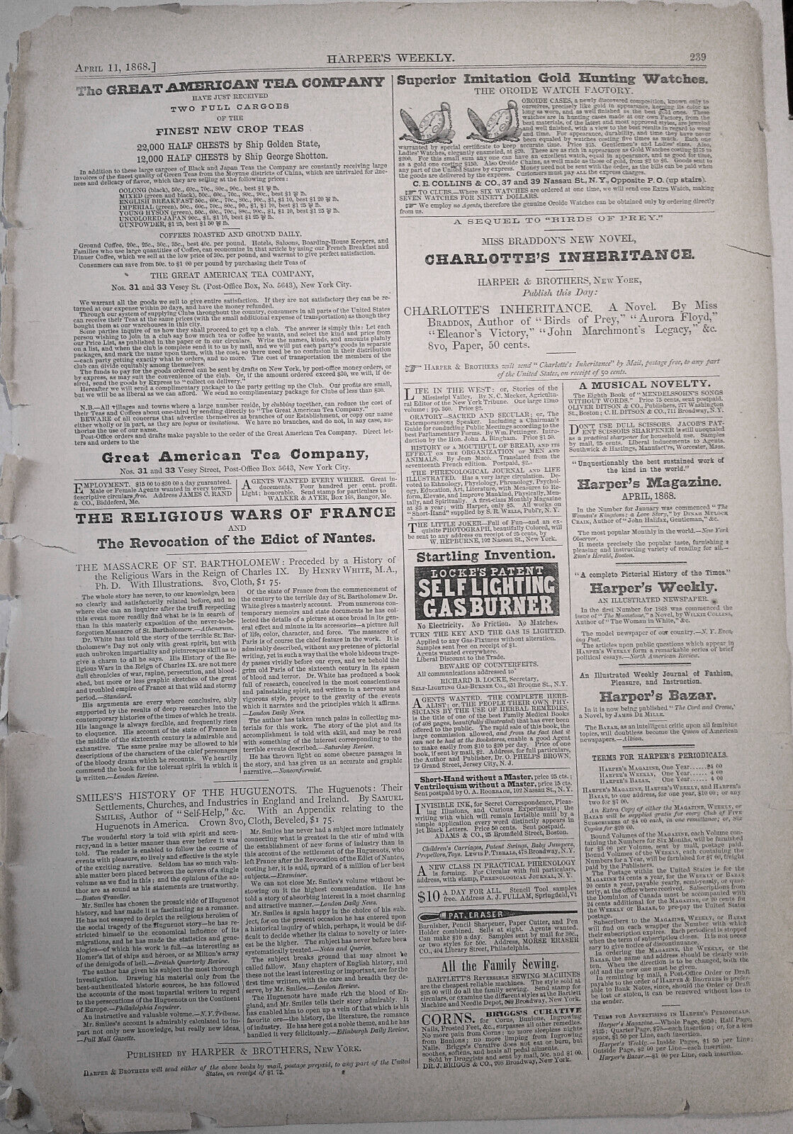 A New Use for Infants in Arms - Harper's Weekly April 11, 1868. Original.