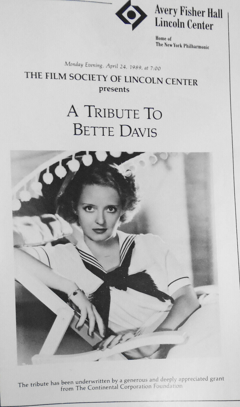 A Tribute To Bette Davis - Stagebill - April 1989 - Lincoln Center