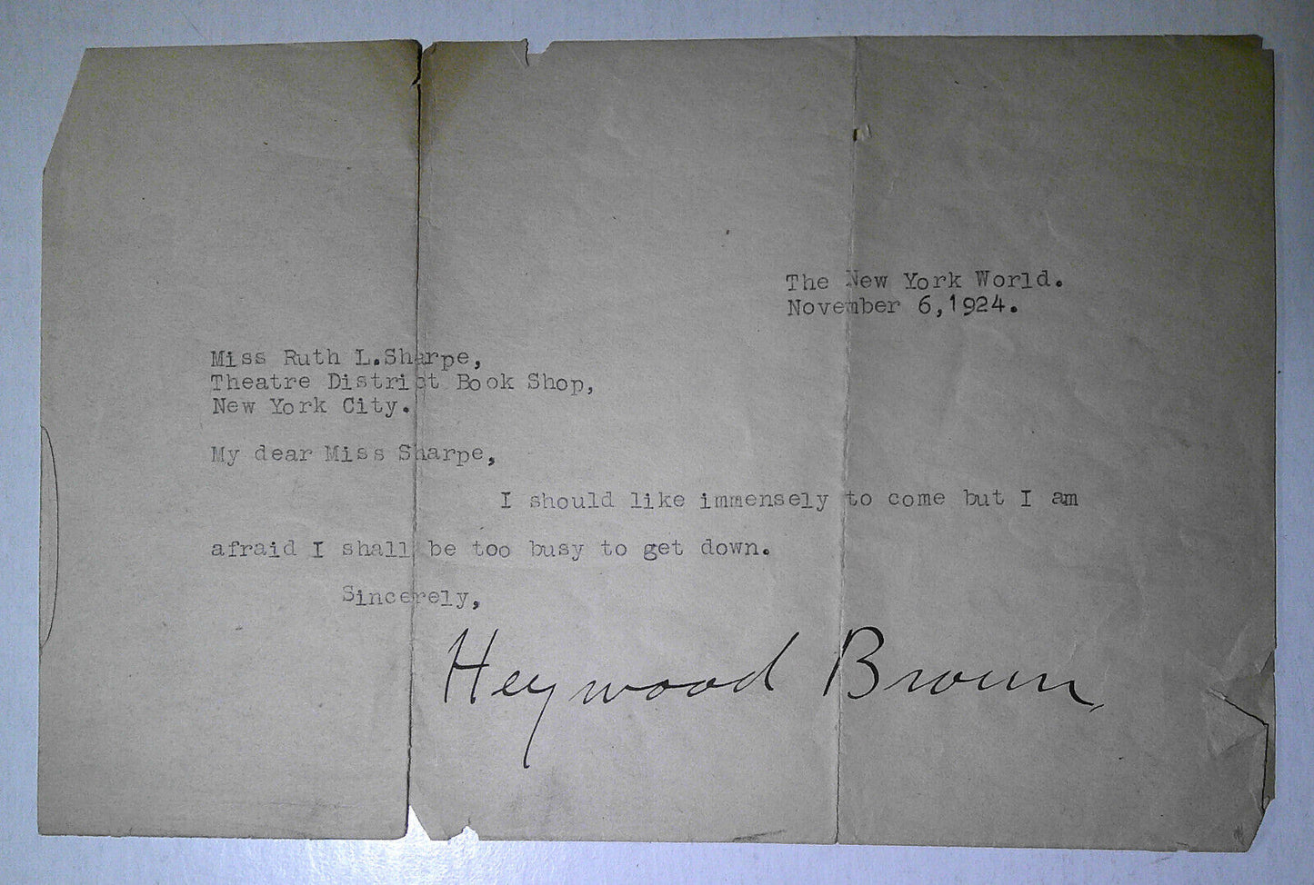 Heywood Broun, journalist SIGNED letter, 1924. Addressed from The New York World