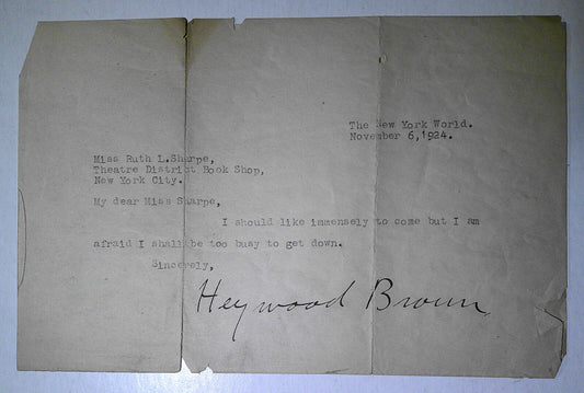 Heywood Broun, journalist SIGNED letter, 1924. Addressed from The New York World
