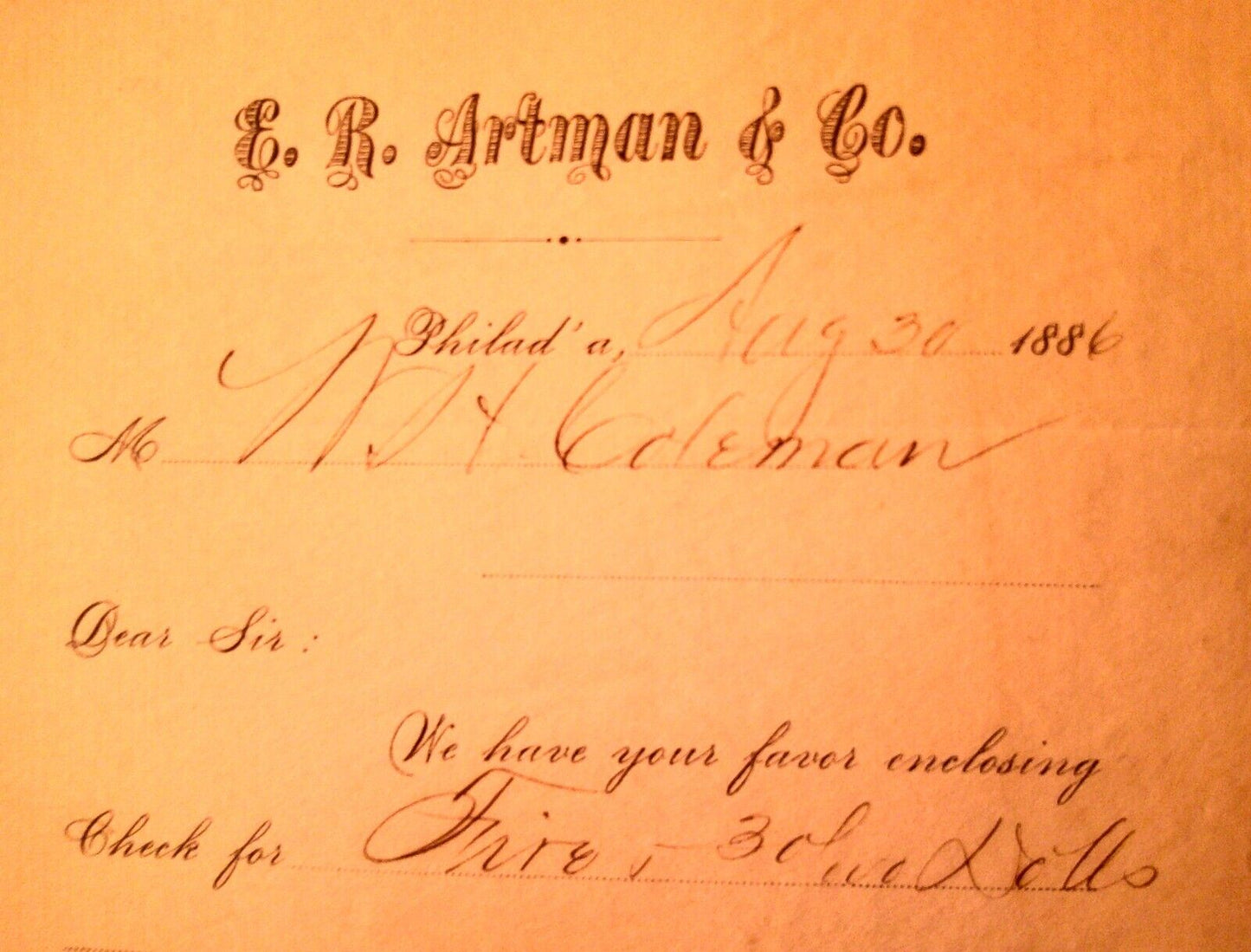 1886 E. R. Artman & Co., Phladelphia, PA  receipt