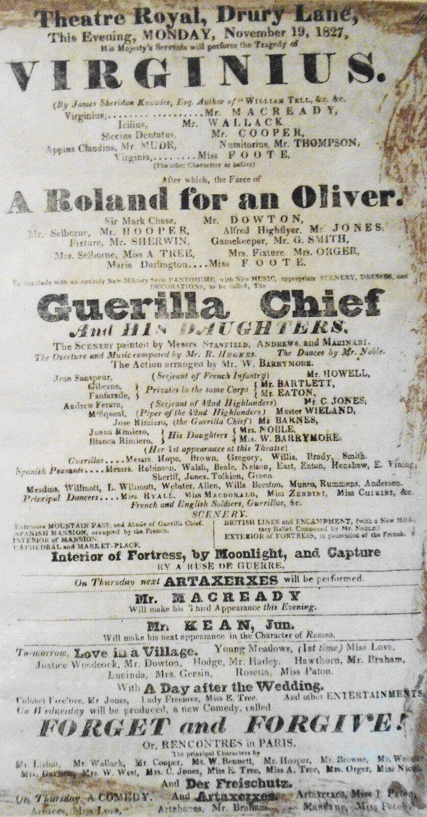 1827 Virginius, Broadside Playbill - Theatre Royal UK. Barrymore, Macready, Kean