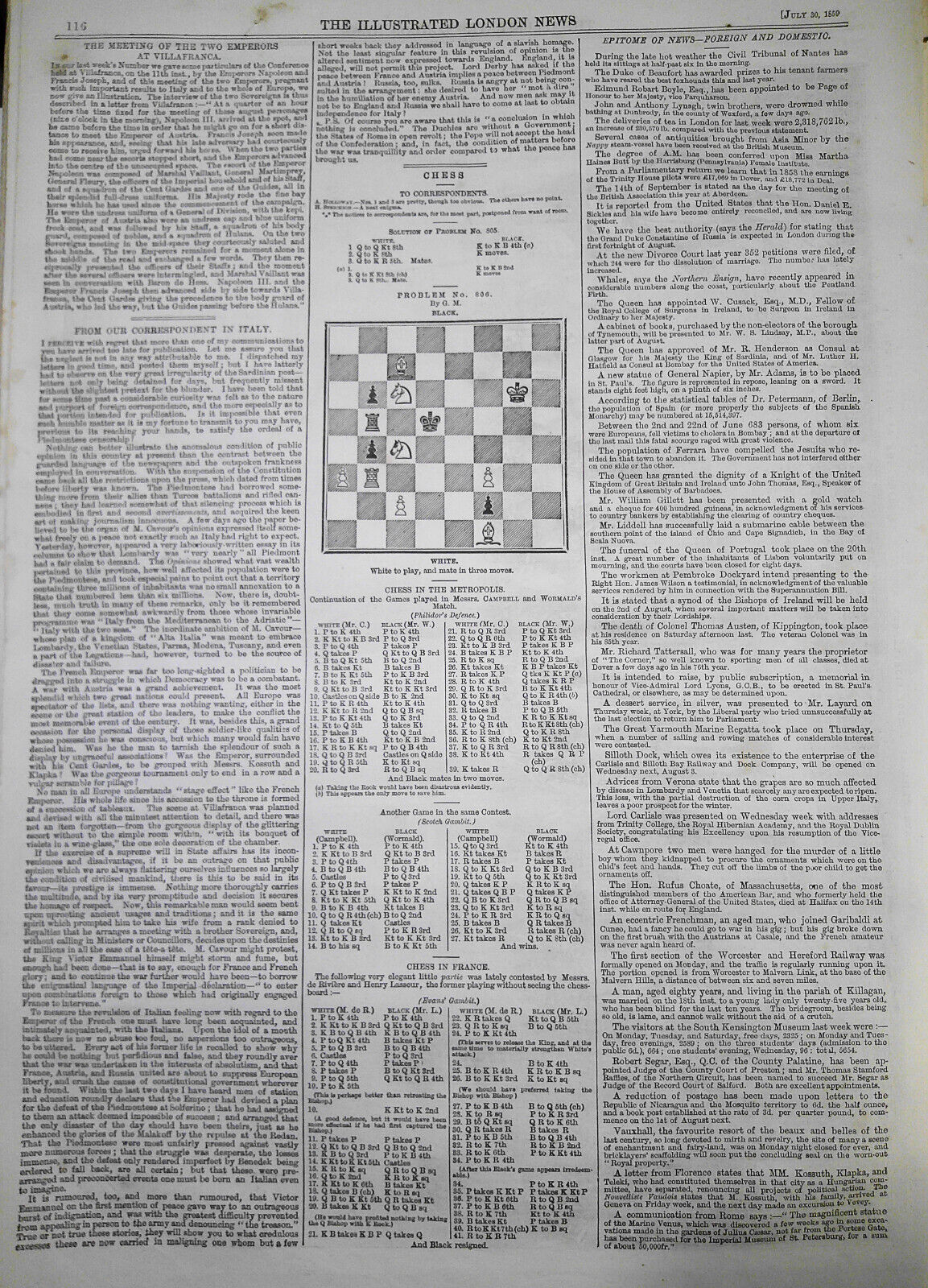 Illustrated London News, July 30, 1859. Railway Map of Lower Egypt;  Mantua; etc