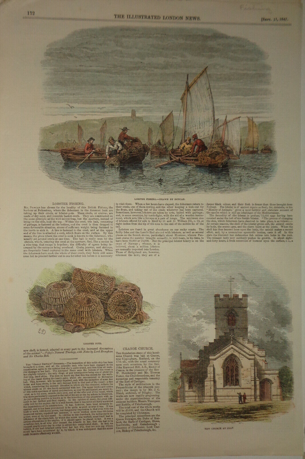 LOBSTER FISHING / CRANOE CHURCH [Hand-colored] - ILLUSTRATED LONDON NEWS - 1847