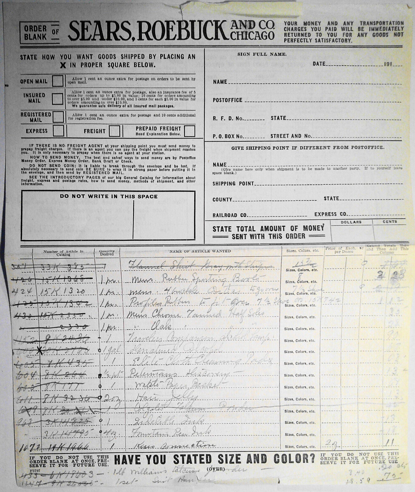 1905 original Sears, Roebuck And Co Retail Catalog Order Blank, filled out.