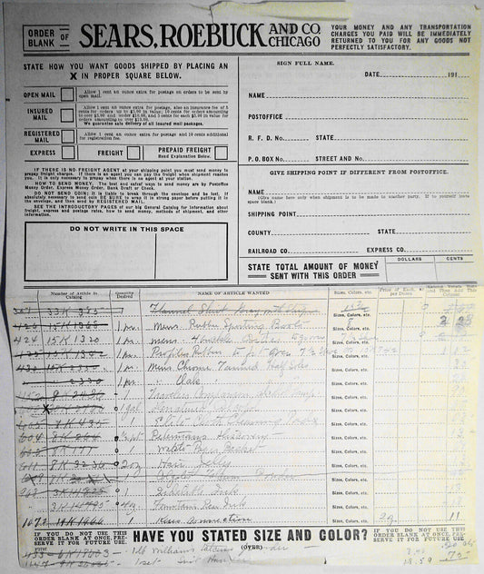 1905 original Sears, Roebuck And Co Retail Catalog Order Blank, filled out.