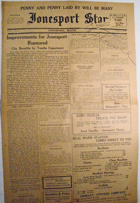 Jonesport Star, October 20, 1930 - Improvements for Jonesport rumored, etc