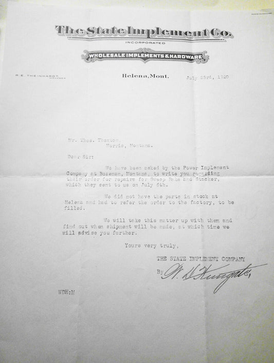1920 The State Implement Co., Helena, MT - Letter re.  Power Implement Co. order