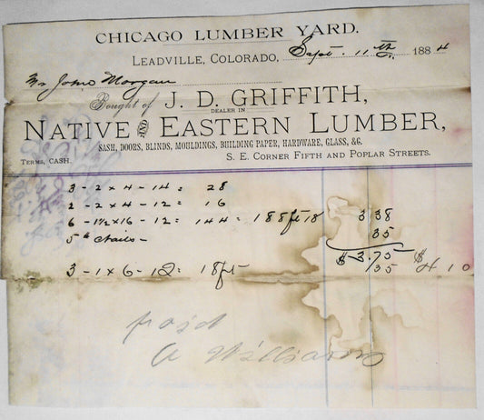 1884 Chicago Lumber Yard billhead receipt - bought of J D Griffith, Leadville CO