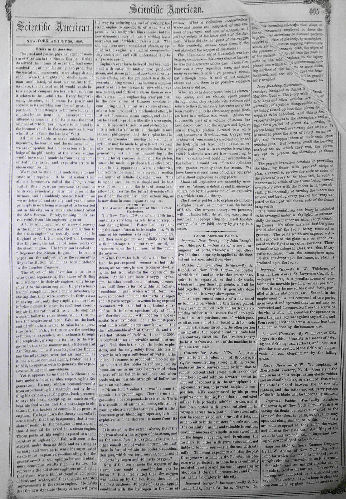 Scientific American, August 30, 1856. Michael Faraday on Silvering Glass; etc