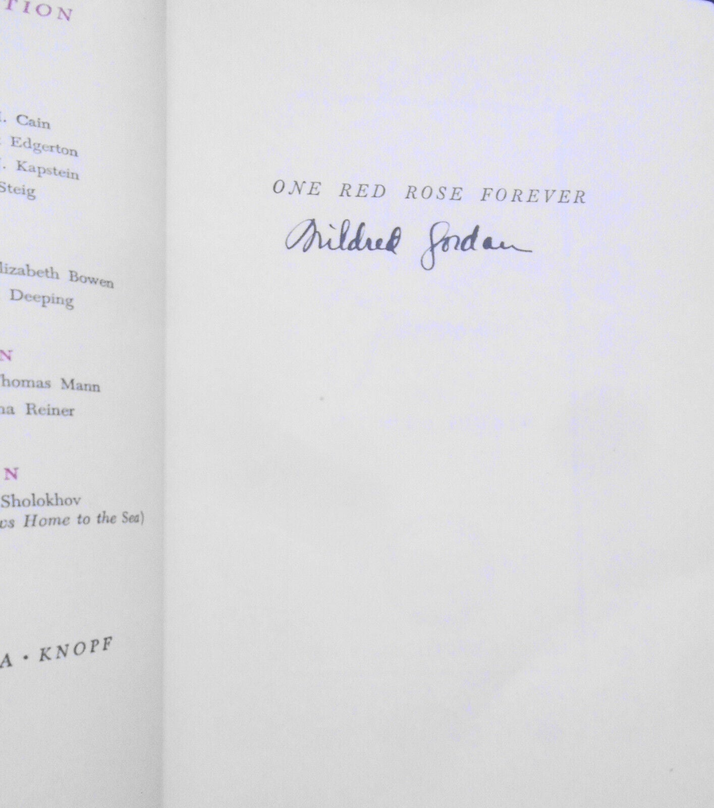 One Red Rose Forever, by Mildred Jordan - SIGNED FIRST EDITION 1941 Hardcover