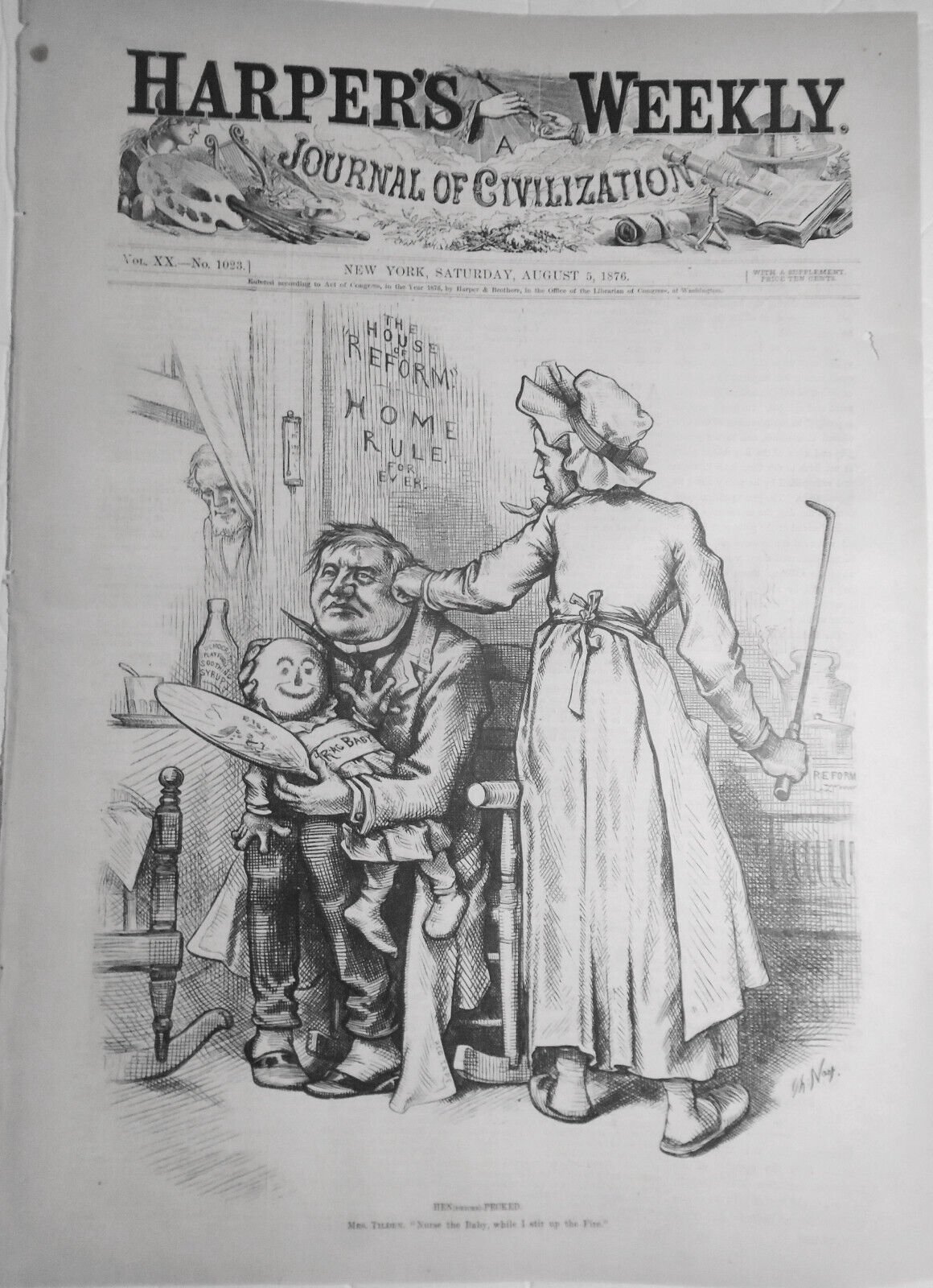 HEN(Dricks)-PECKED - by Thomas Nast, 1876.  Mrs. Tilden: "Nurse the baby..."