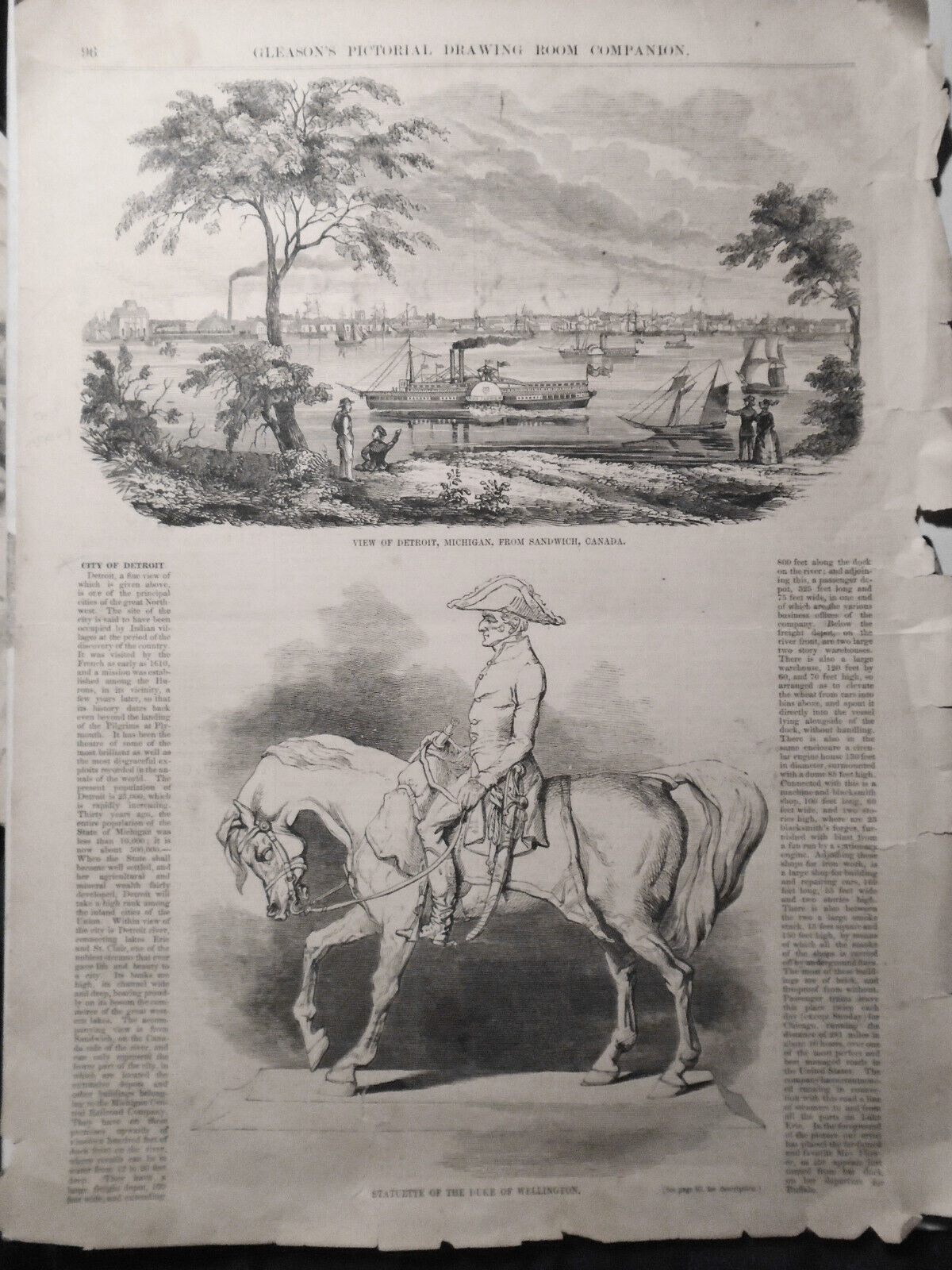 1. View of Detroit, Michigan 2. Wellington Statuette - Gleason's Pictorial, 1852