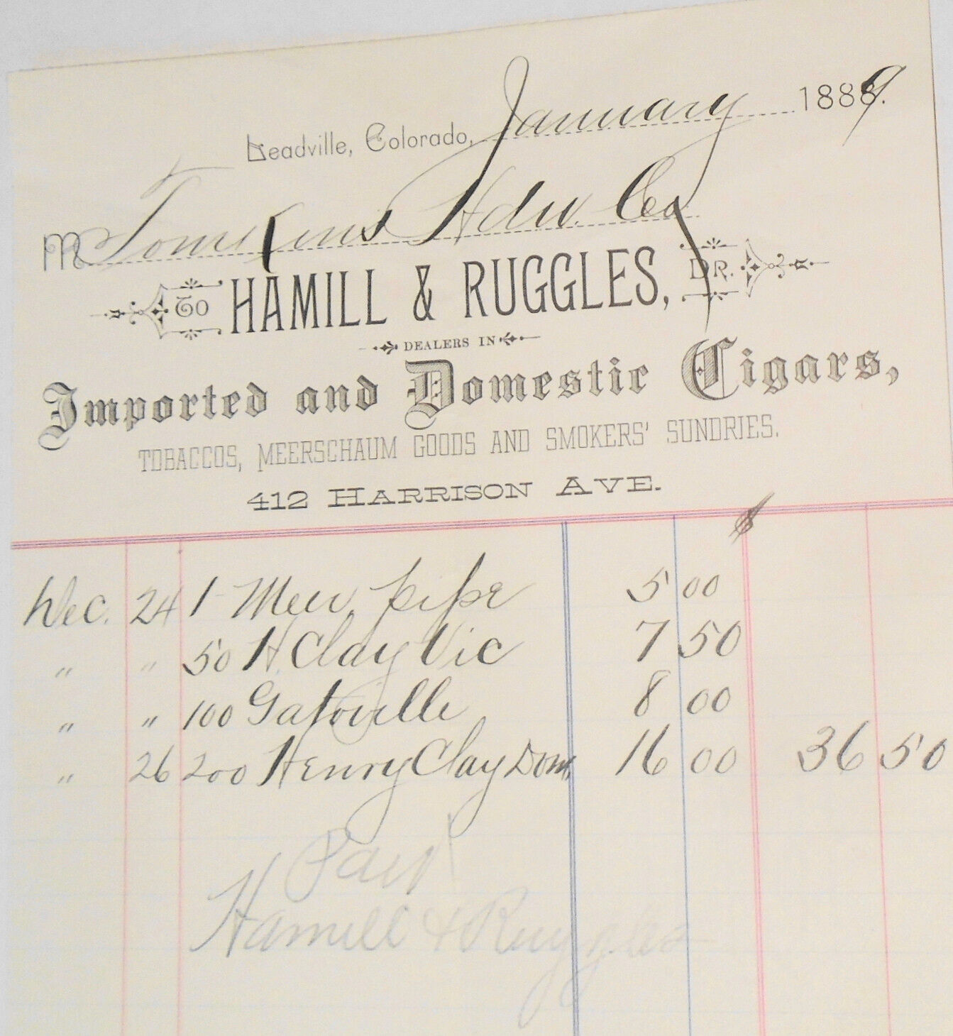 1889 Billhead receipt Hamill & Ruggles, Cigars, Tobacco... Leadville Colorado
