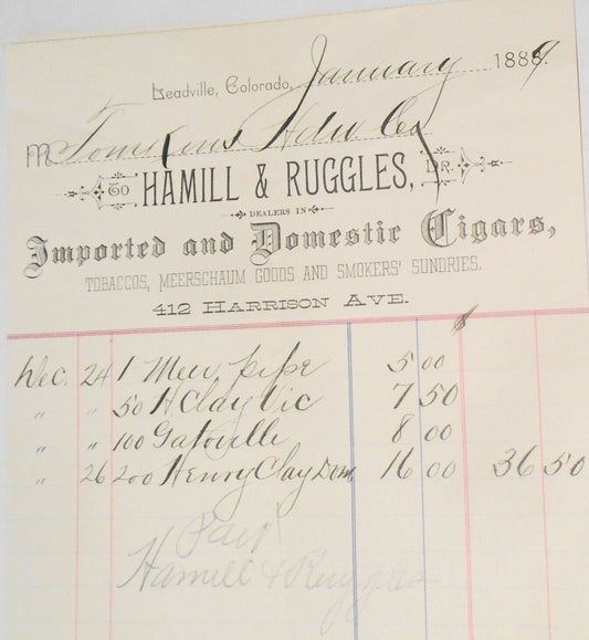 1889 Billhead receipt Hamill & Ruggles, Cigars, Tobacco... Leadville Colorado