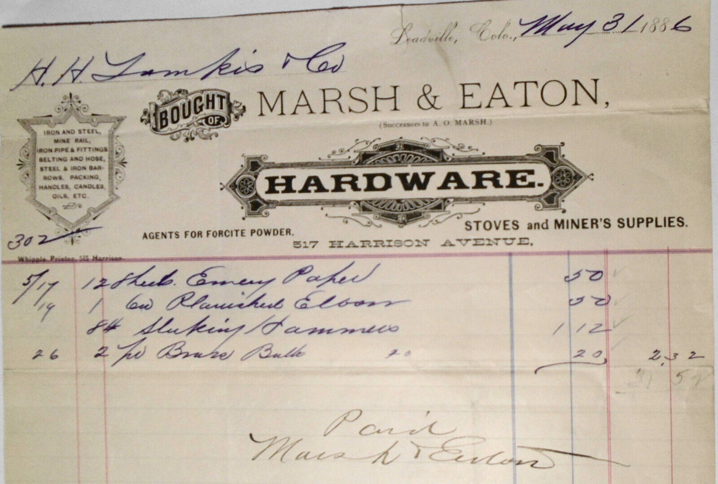 1886 Marsh & Eaton Hardware, Stoves, Miner's supplies receipt Leadville Colorado