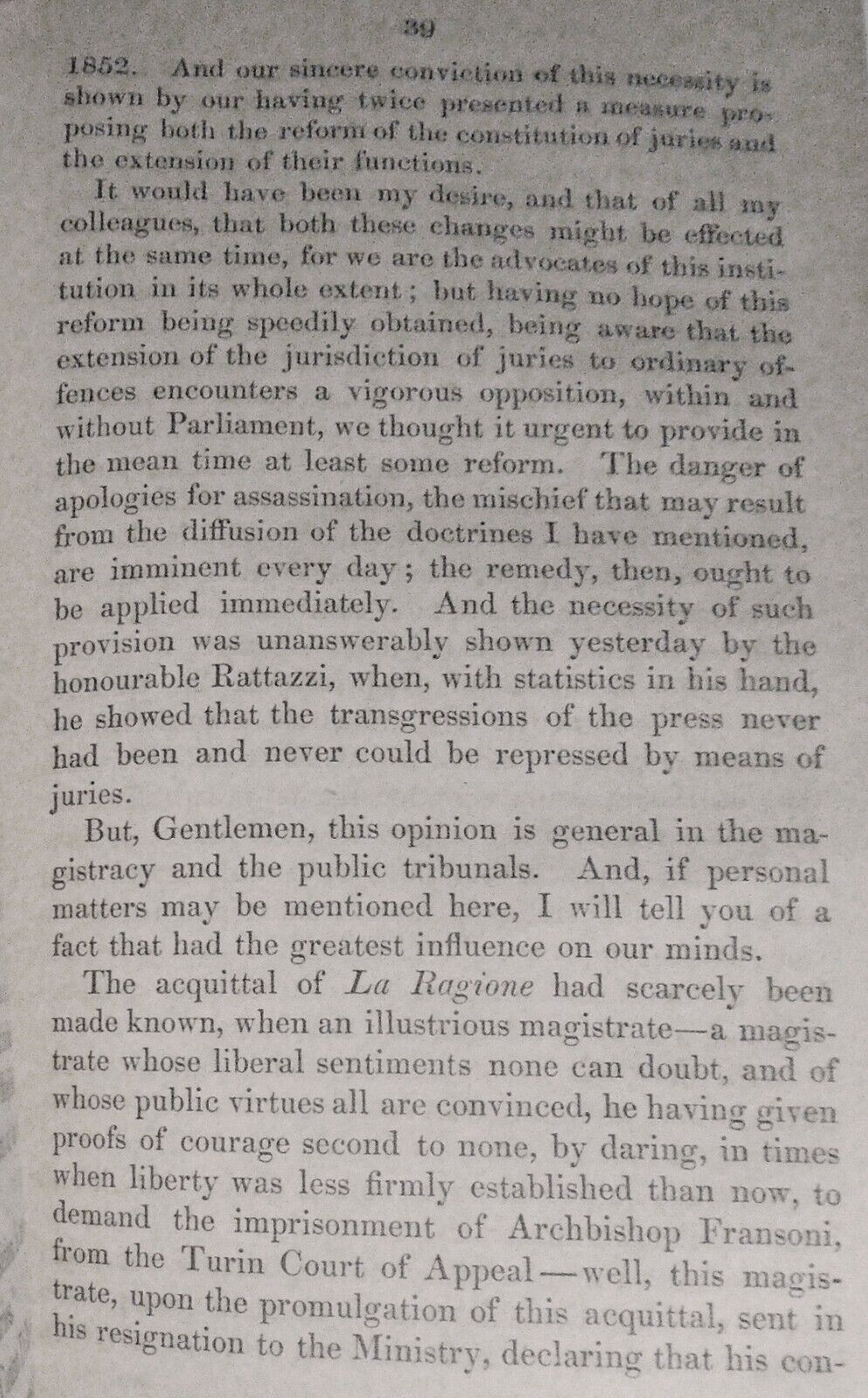 1858 The speech of Count Cavour... foreign sovereigns.. political assassination