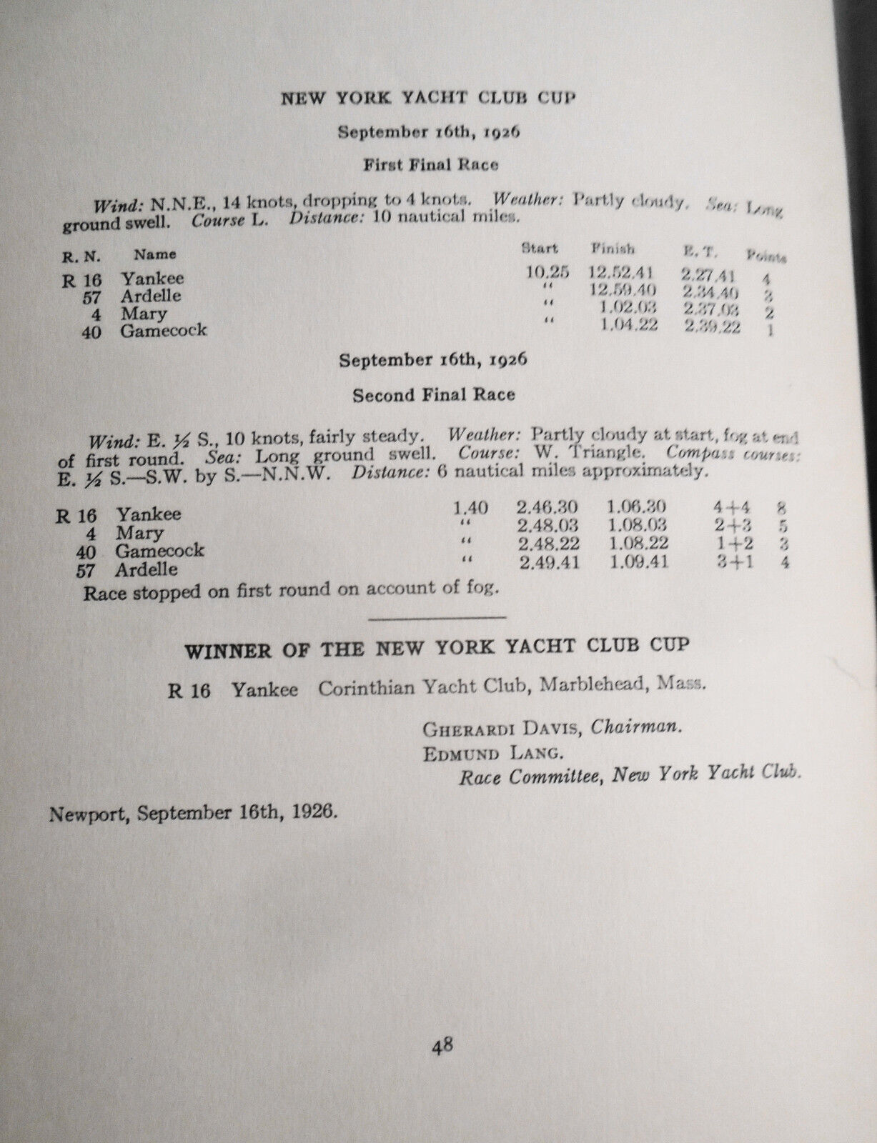 New York Yacht Club, Report of the Race Committee for the Year 1926