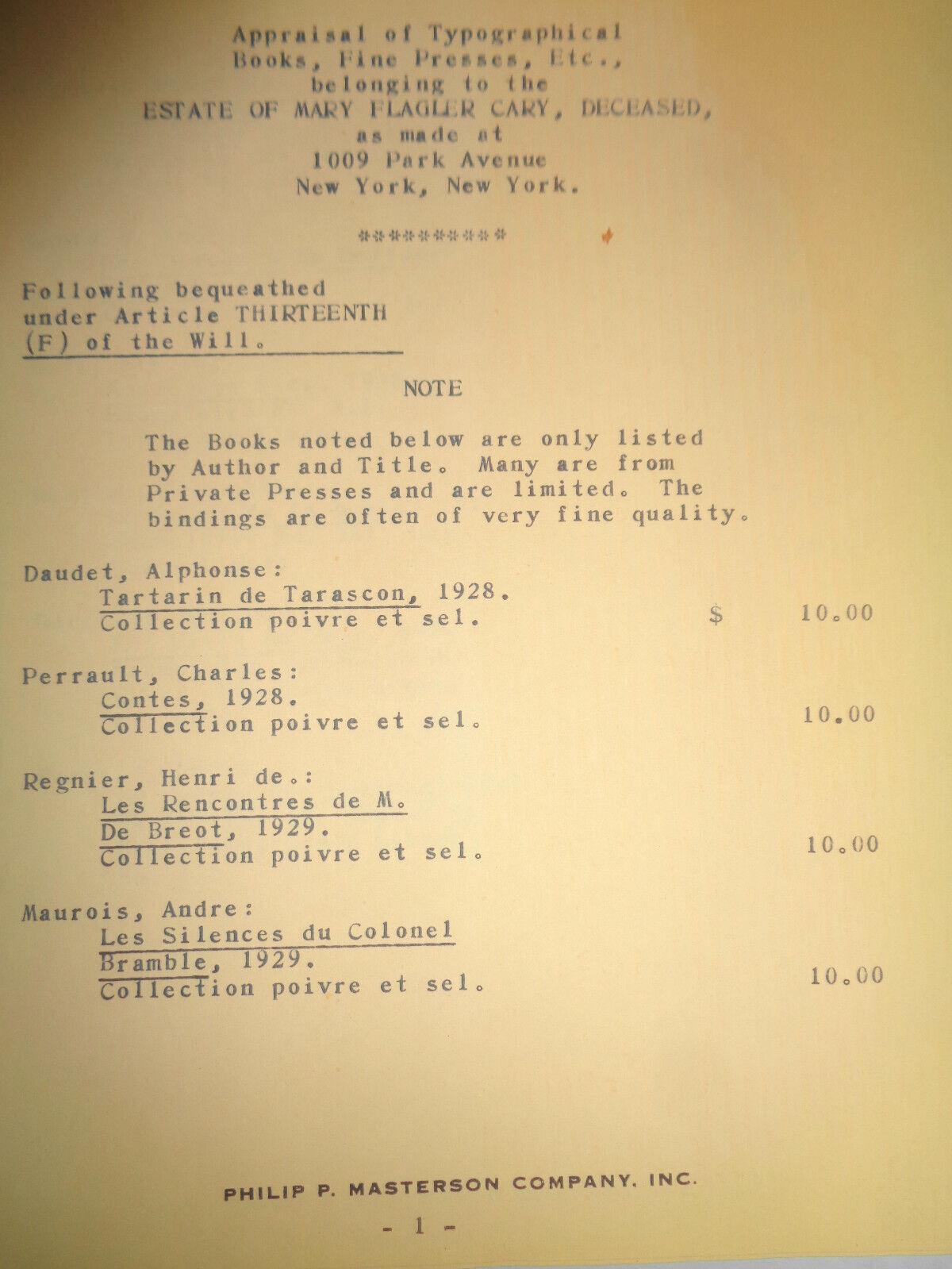 Appraisal - Estate of Mary Flagler Cary - Typographical Books, Fine Presses 1967