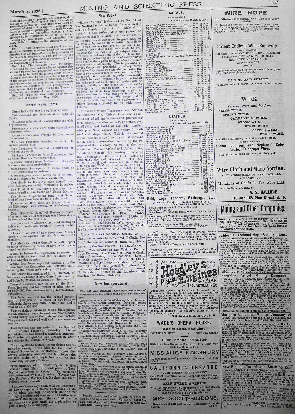 Mining and Scientific Press, March 4, 1876. Bonanza Mines; Bigelow Engine; etc