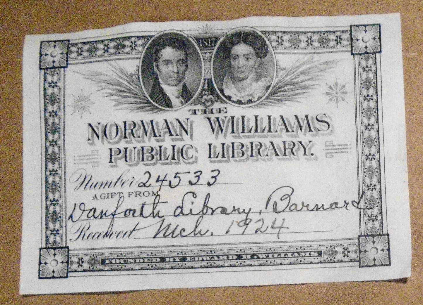 The Norman Williams Public Library  Ex-Libris Bookplate 1924