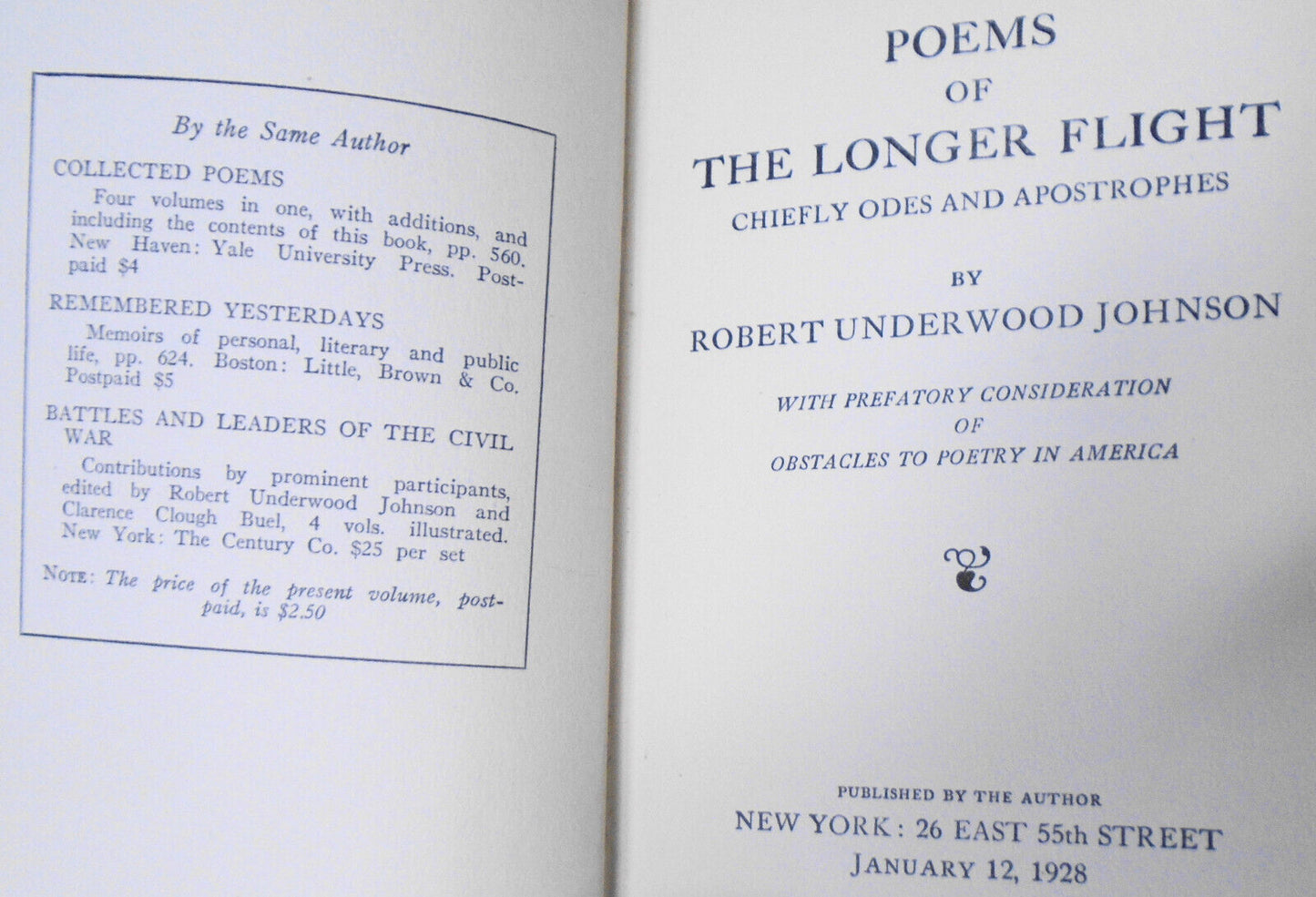 Poems of the longer flight, by Robert Underwood Johnson. 1928. SIGNED HC 1st ed