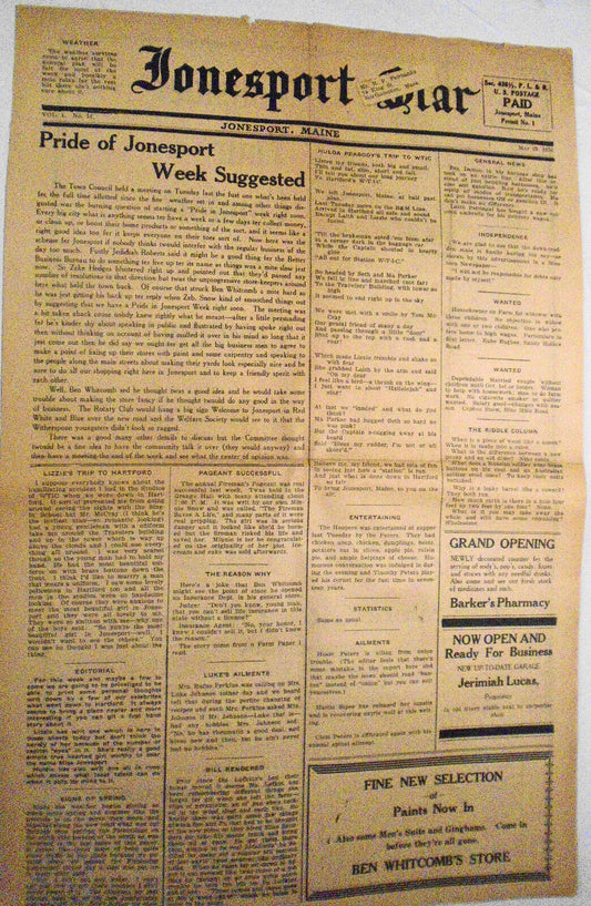 Jonesport Star, May 22, 1930 - "Pride of Jonesport" week proposed, etc