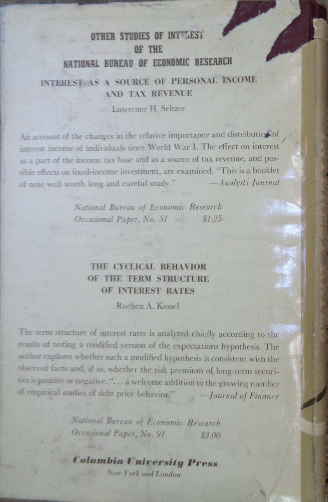 The behavior of interest rates: a progress report, by J W Conrad Hardcover 1966